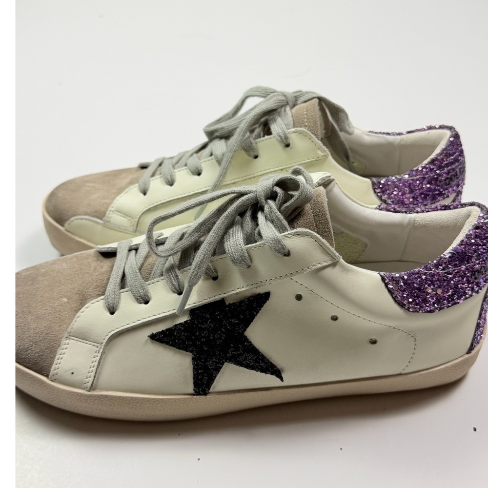 Golden Goose Ball Star Sneakers Purple Glitter Heel Black Star Leather Size 41